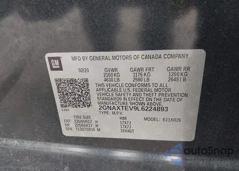 2020 Chevrolet Equinox Awd 2Fl z USA, uszkodzony, nr VIN 2GNAXTEV9L6224893